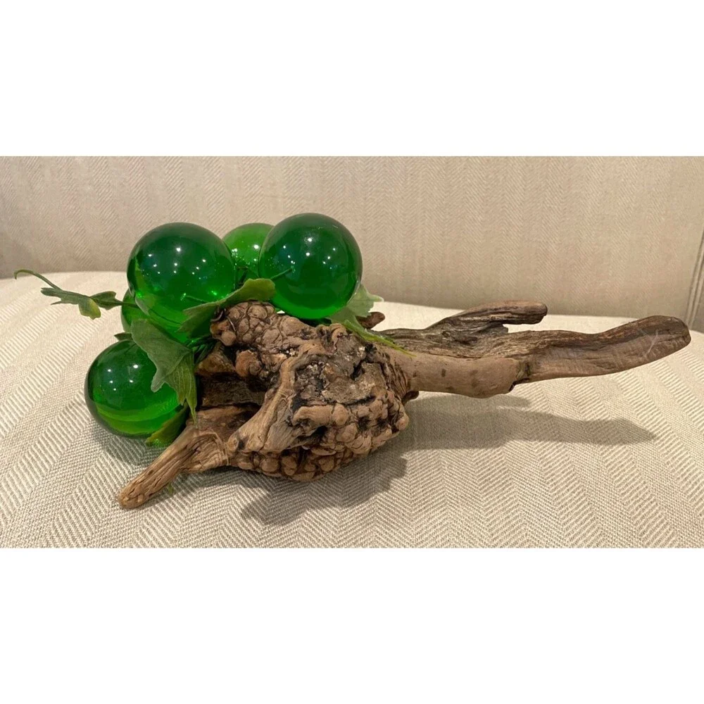 RARE Vintage Large Green Lucite Grape Cluster on Driftwood Burl Wood 8